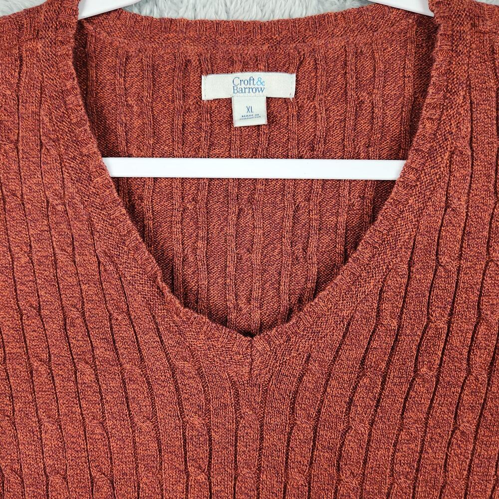 Croft & Barrow Sweater Womens XL Brown V Neck Cable Ribbed Knit Pullover Soft